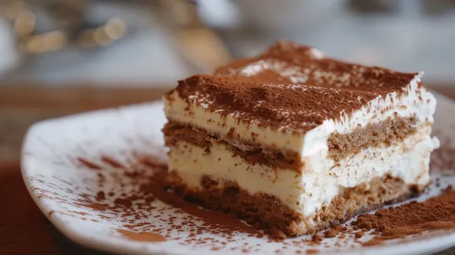 Cremiger Tiramisu-Kuchen mit Kakaopulver