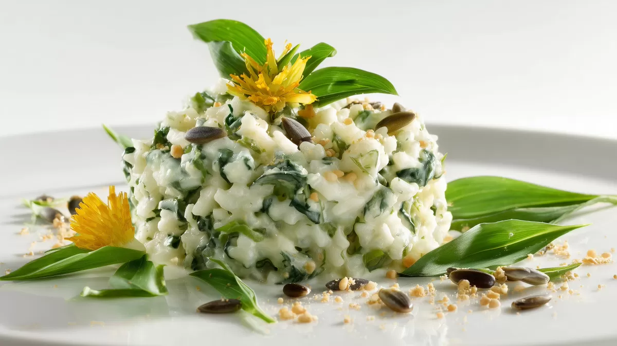 Cremiges Bärlauch Risotto mit Blüten angerichtet