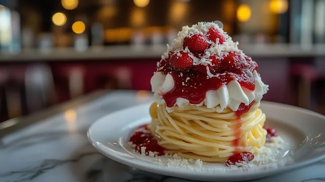 Cremiges Erdbeereis-Dessert mit Spaghettistruktur