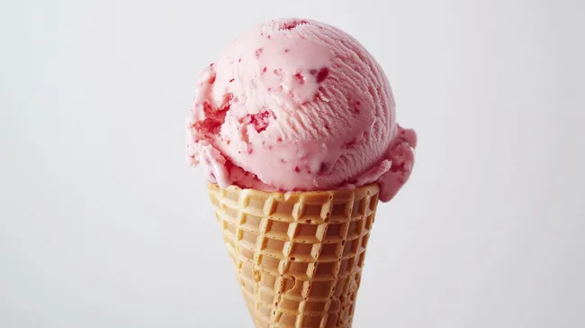 Cremiges Erdbeereis in traditioneller Waffelwurfel