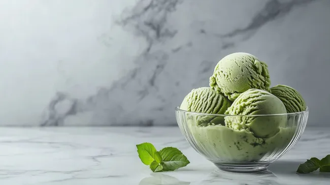 Cremiges Matcha-Eis auf Marmortisch