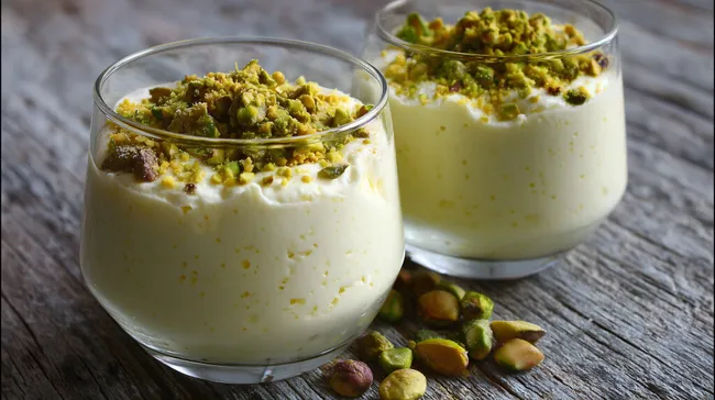 Cremiges Pistaziendessert in Gläsern mit Nüssen