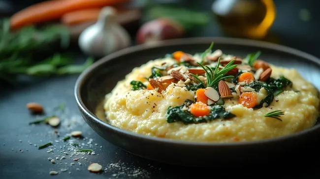 Cremiges Polenta-Gericht mit Gemüse und Mandeln