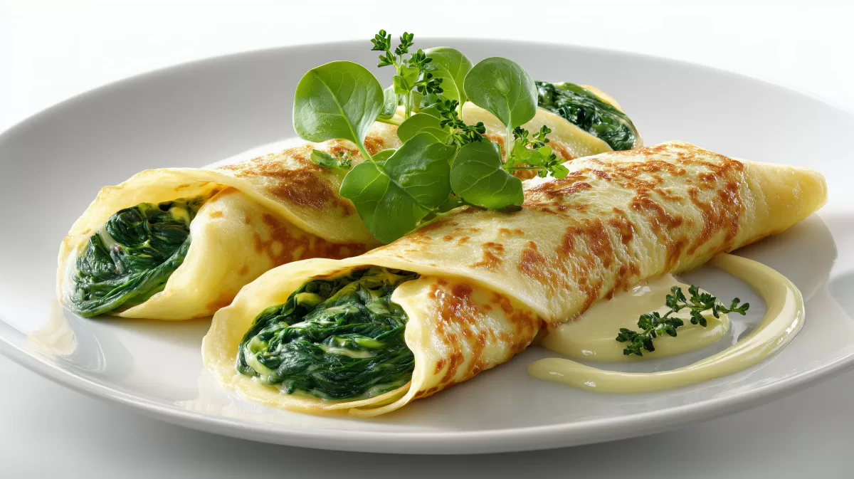 Crepes mit Spinat auf weißem Teller angerichtet