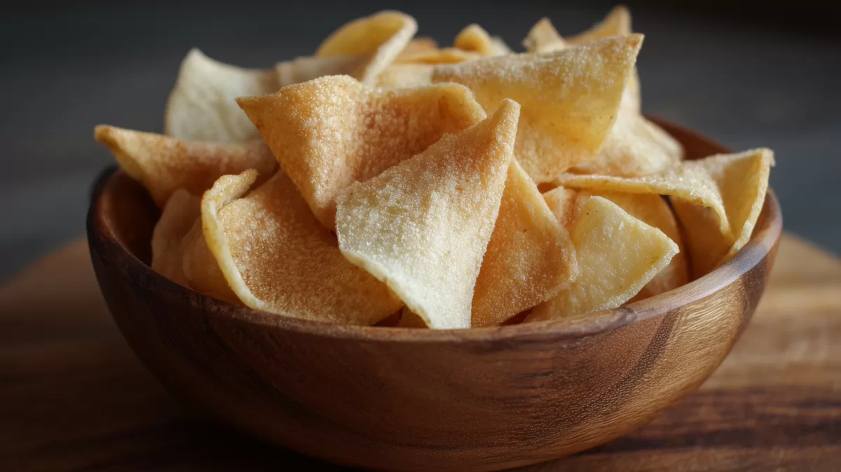 Crispy Cassava Chips in einer Holzschüssel