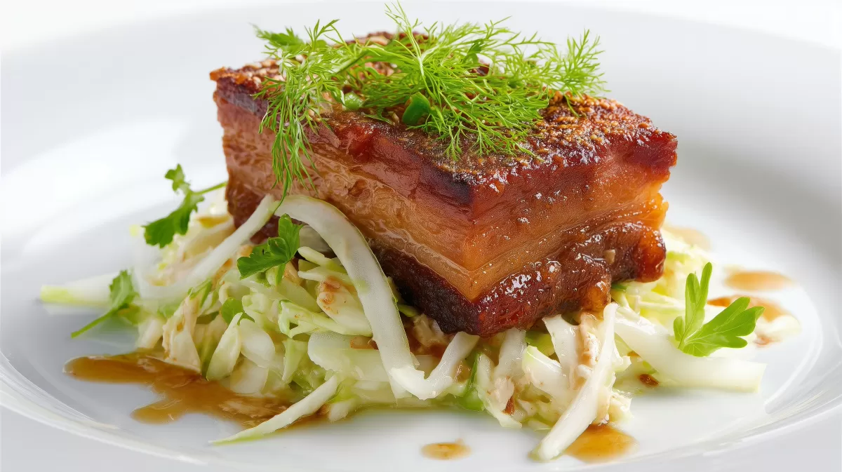 Crispy Pork Belly mit Apfel Slaw auf weißem Teller