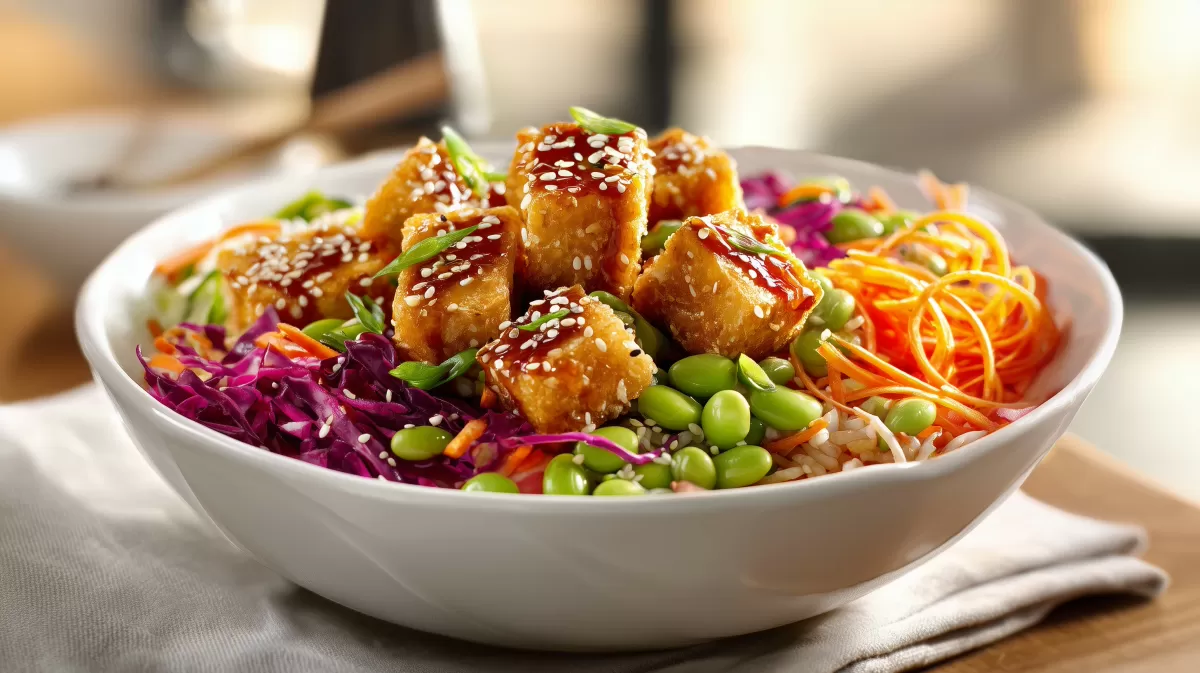 Crispy Tofu Bowl mit Edamame und Rotkohl
