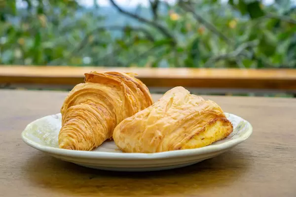 Croissant and Pastry on a White Plate with Trees and Nature in the Background