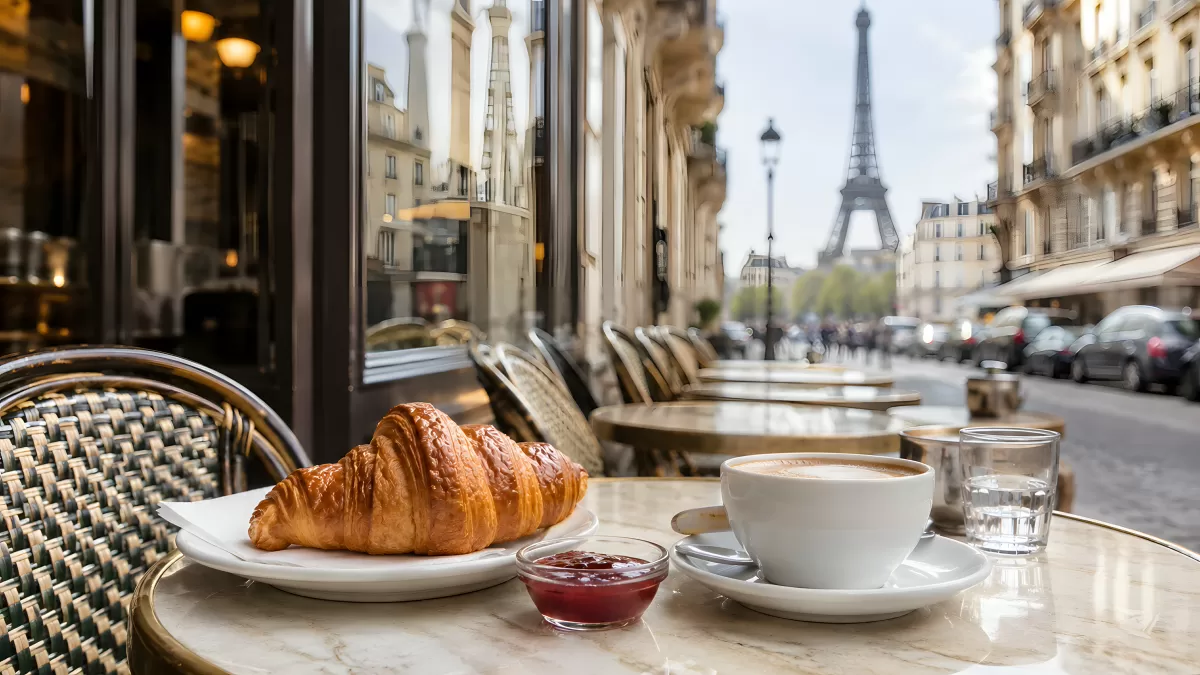 Croissant und Cappuccino mit Eiffelturm-Blick Paris