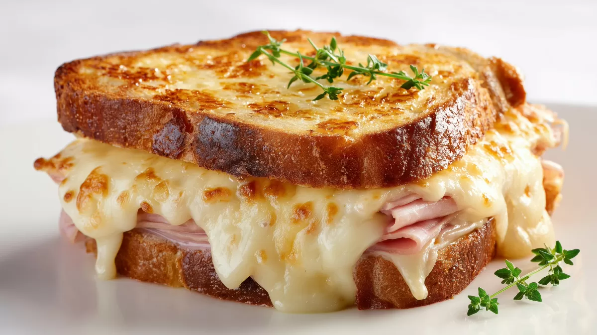 Croque Monsieur mit schmelzendem Käse und Schinken