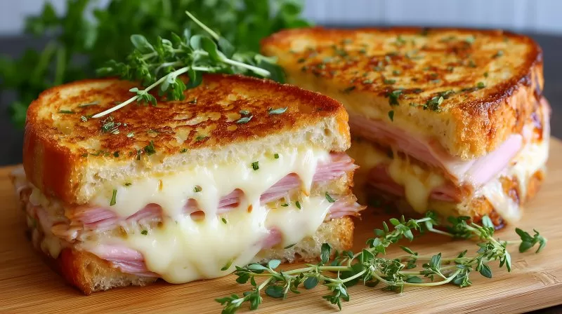 Croque Monsieur sandwich with melted cheese and ham on wooden board