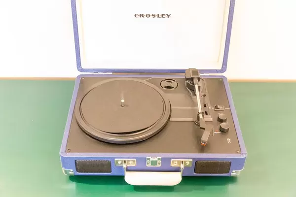 Crosley blue portable record player at the Jams Music & Design Hotel in Munich