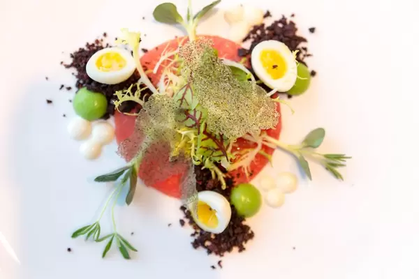 Crudo Nicoise at Chino Latino restaurant: Yellow Fin, Wasabi–Pea Sphere, Black Olive Powder, Quail Egg, Lemon Oil. Top view