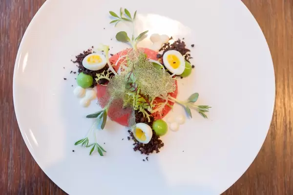 Crudo Nicoise im Chino Latino Restaurant: Gelbflossen Thunfisch, Wasabi–Erbsen Sphäre, Schwarze Oliven Pulver, Wachtel Ei, Zitronen Öl. Draufsicht
