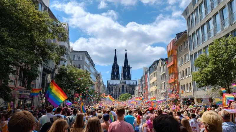 CSD Parade vor dem Kölner Dom mit Regenbogenflaggen