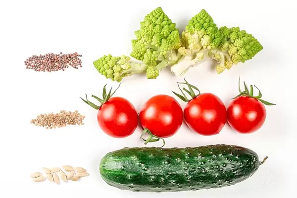 Cucumber, tomatoes, romanesco broccoli on a white background with seeds (Flip 2020)