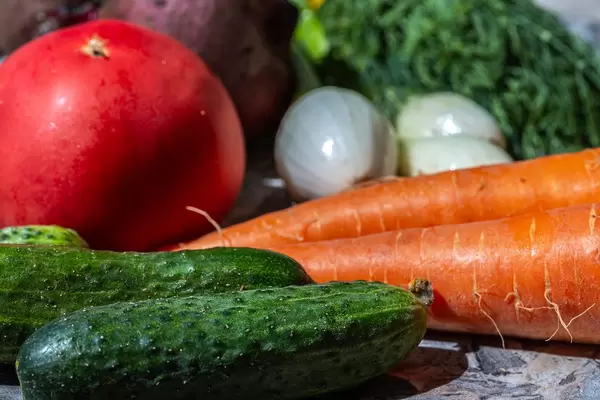 Cucumbers, carrots, onions, tomato and beets - healthy food (Flip 2019)