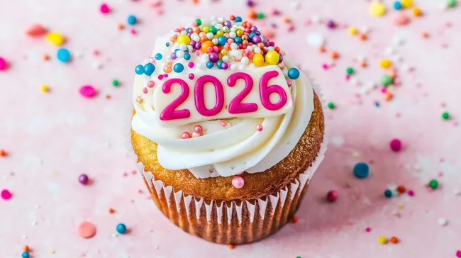 Cupcake mit 2026-Schriftzug und bunten Zuckerstreuseln
