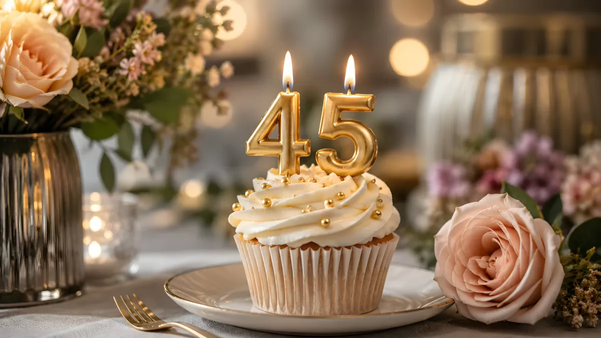 Cupcake mit goldenen Kerzen zum 45. Geburtstag