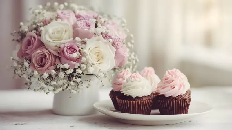 Cupcakes mit Blumenstrauß auf Tisch