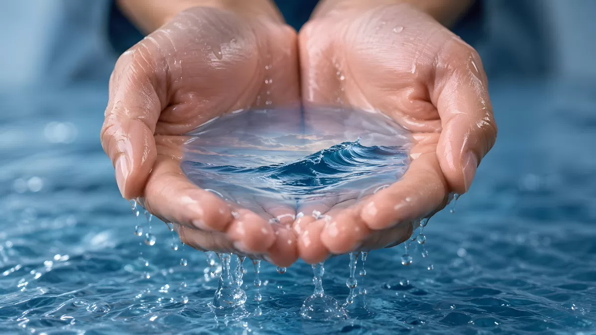 Cupped Hands halten Ozeanwellen im Wasser