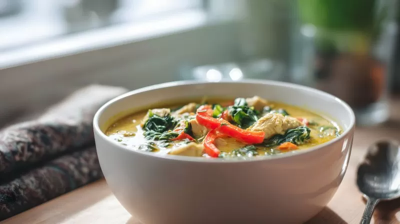 Curry-Kokos-Suppe mit Huhn unGemüse am Fensterlicht