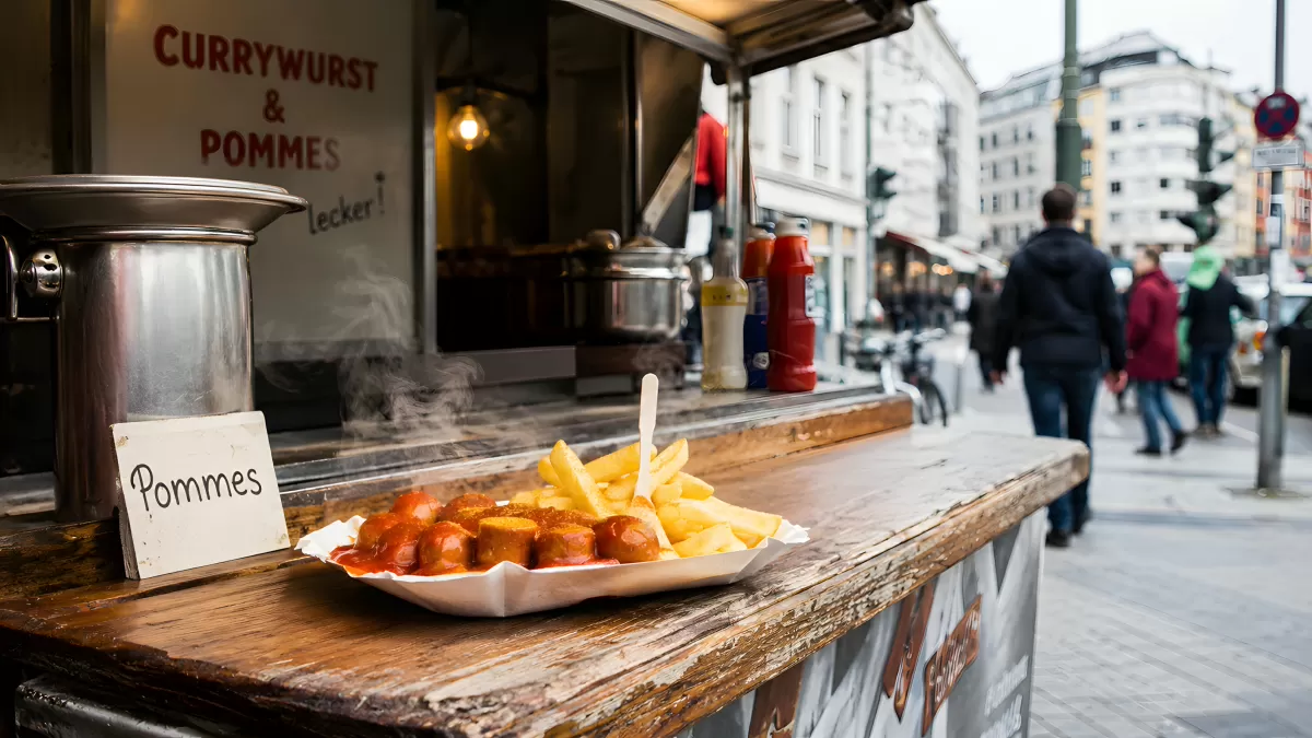 Currywurst mit Pommes an einem Imbissstand in der Stadt