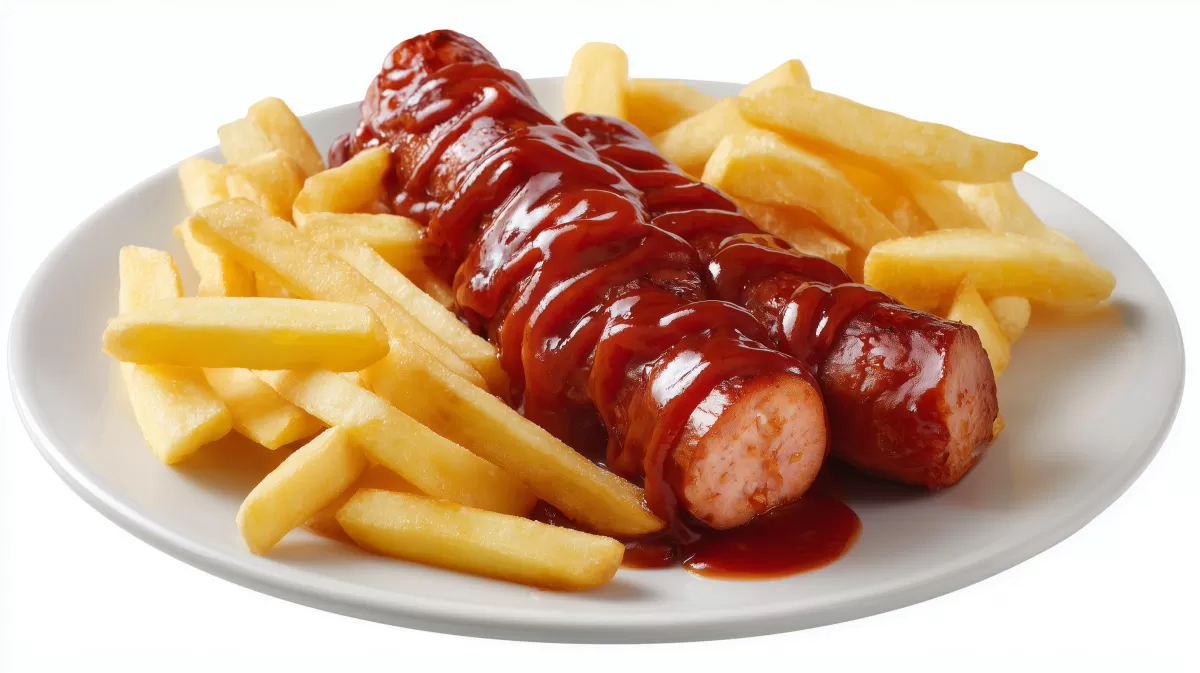 Currywurst mit Pommes auf Teller