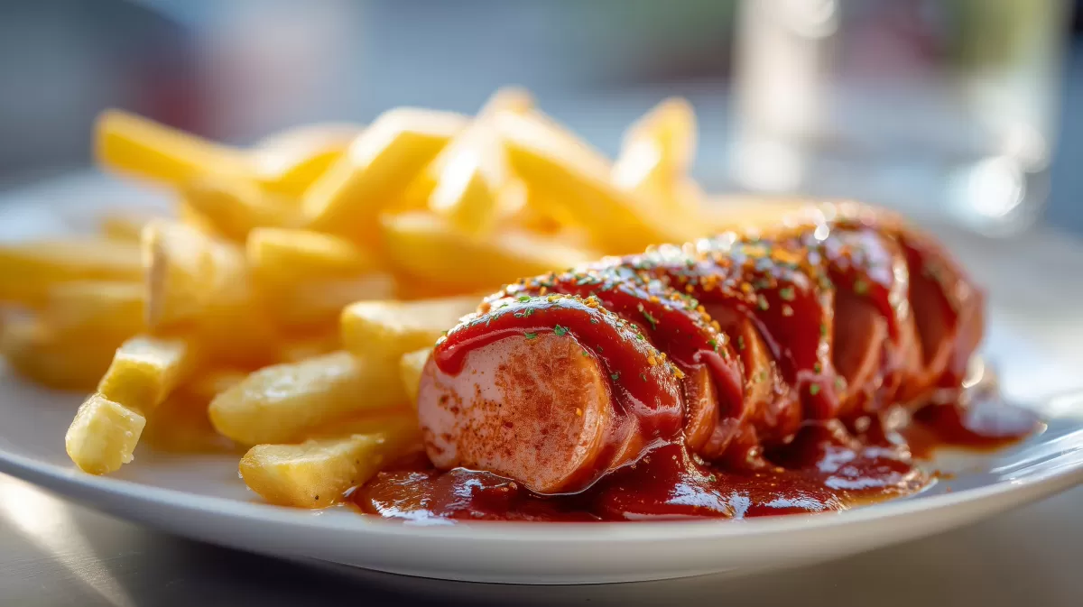 Currywurst mit Pommes auf weißem Teller serviert