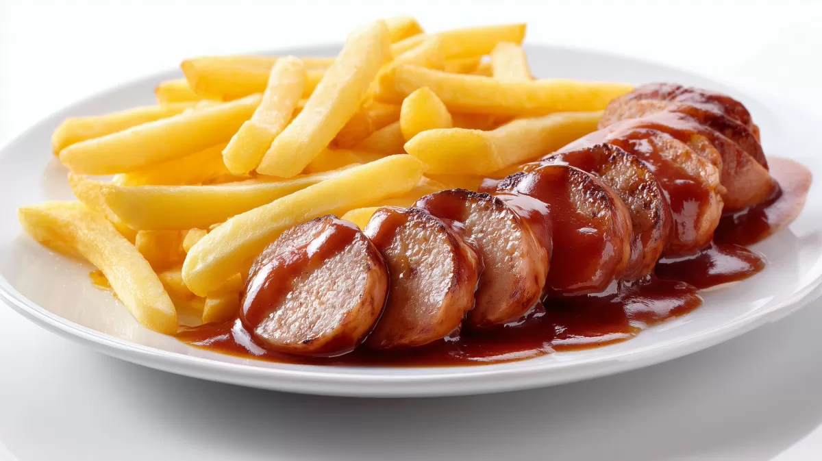 Currywurst mit Pommes auf weißem Teller