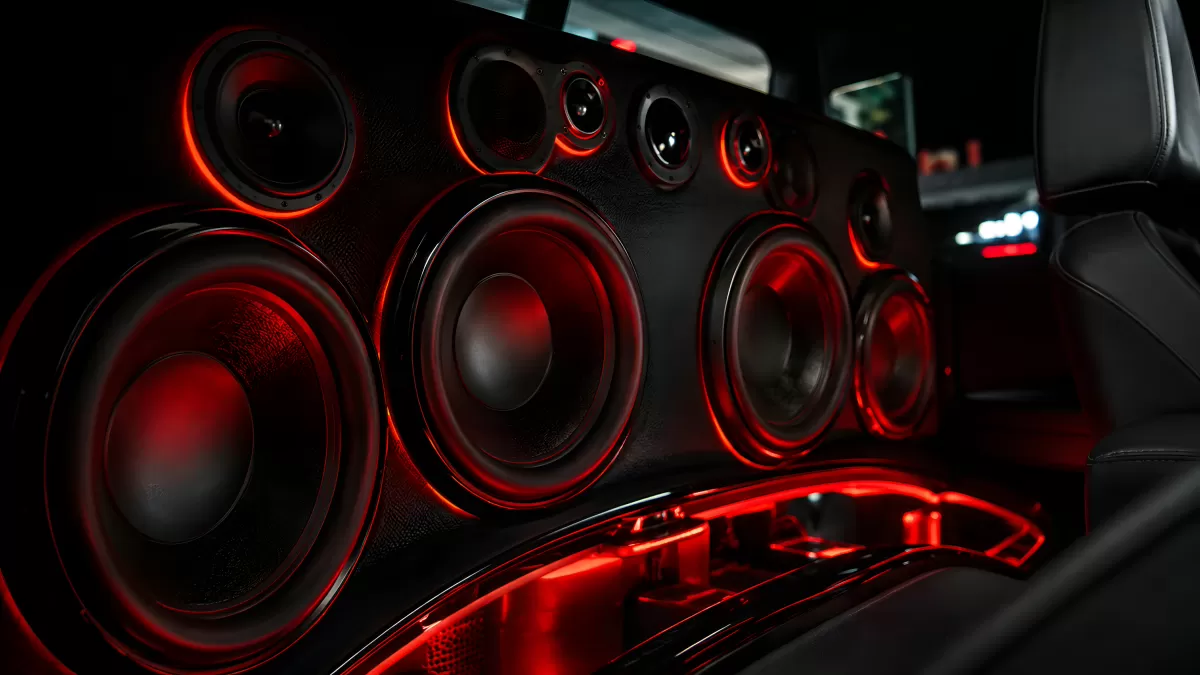 Custom Car-HiFi mit Subwoofern und roter LED-Beleuchtung