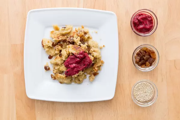 cut-up and quiona pancake with raisins and chia jam