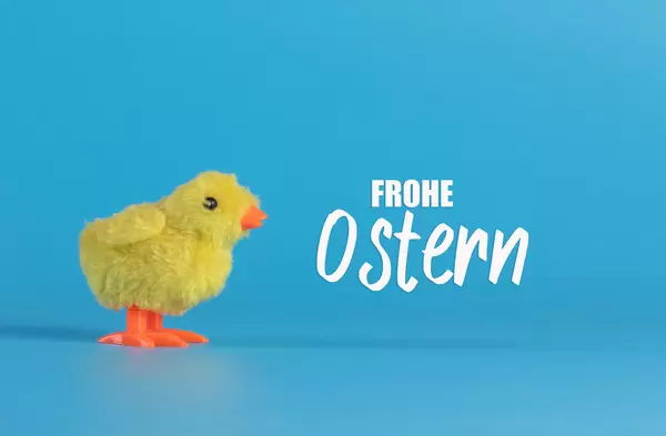 Cute little chicken with Frohe Ostern text on blue background