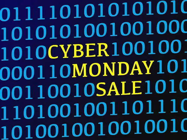 Cyber monday sale text between blue binary data on screen