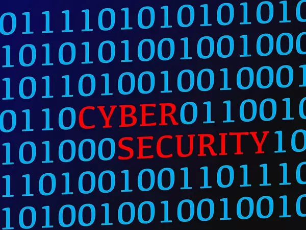 Cyber security red text between blue binary data on screen