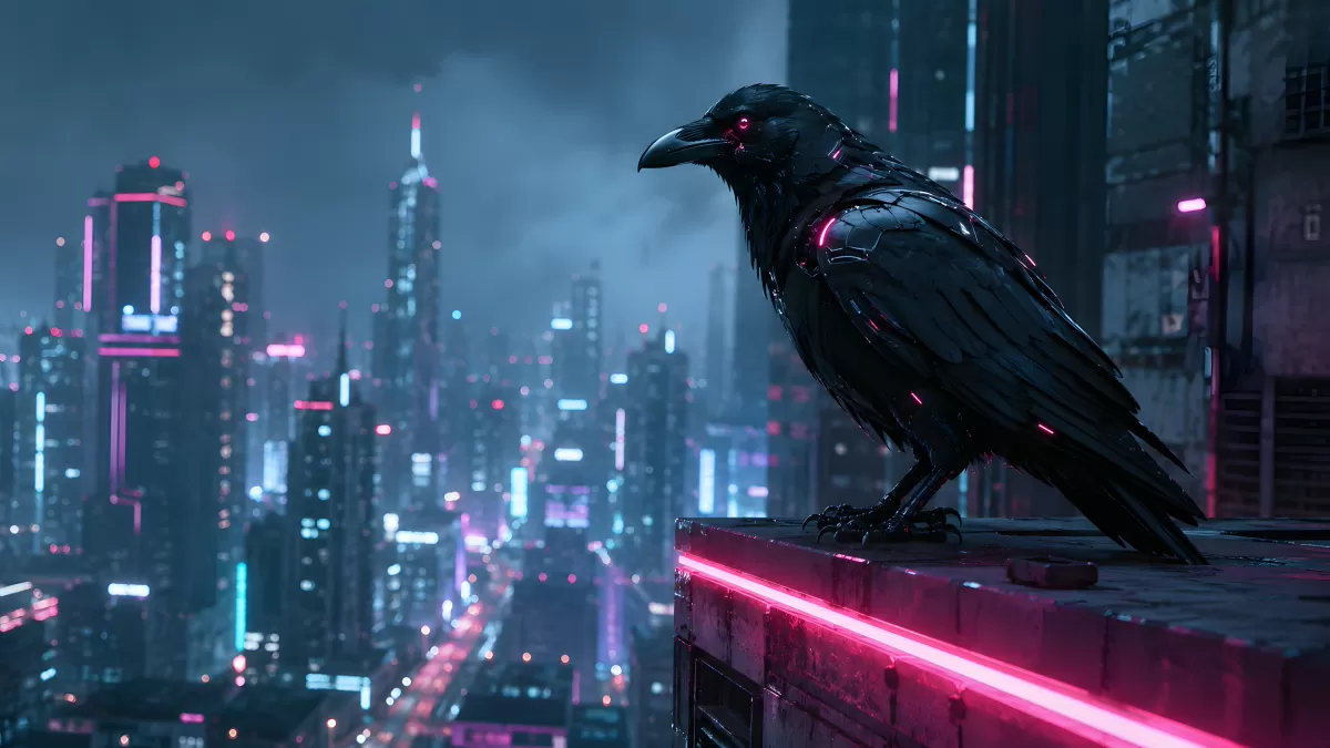 Cyberpunk-Rabe auf Hochhausdach mit Neonlicht-Skyline
