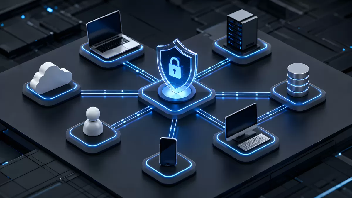 Cybersicherheit mit Schutzschild im digitalen Netzwerk