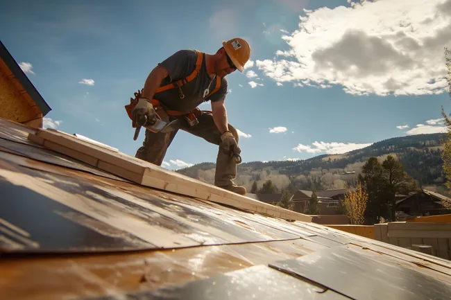 Dachdecker bei Renovierungsarbeiten in malerischer Bergregion