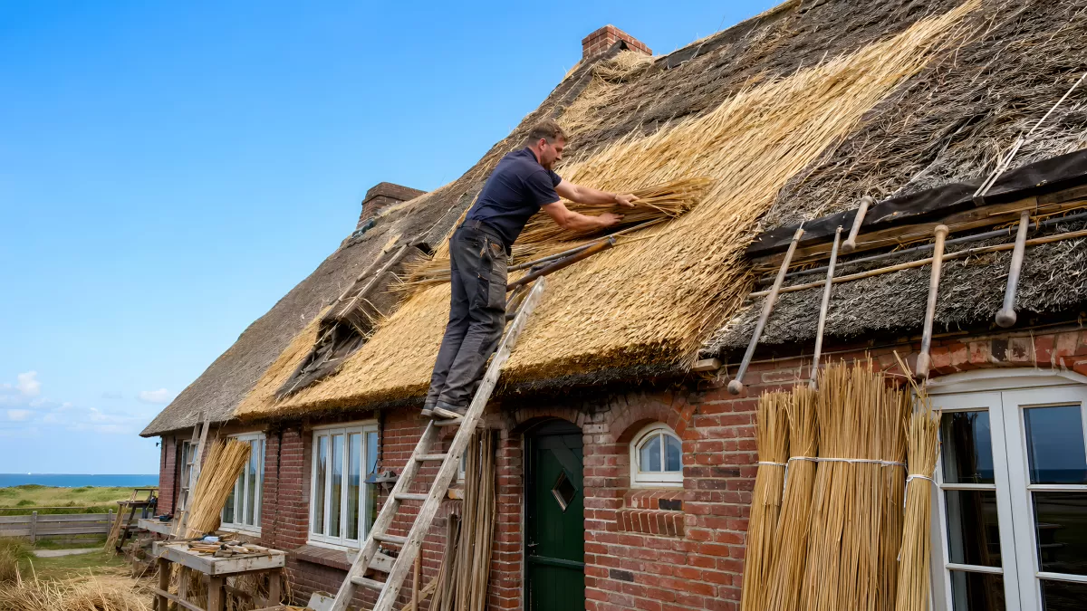 Dachdecker erneuert Reetdach an Backsteinhaus
