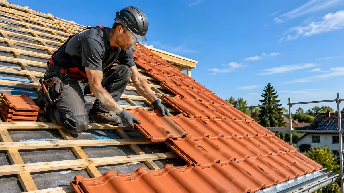 Dachdecker verlegt Dachziegel bei Dachsanierung