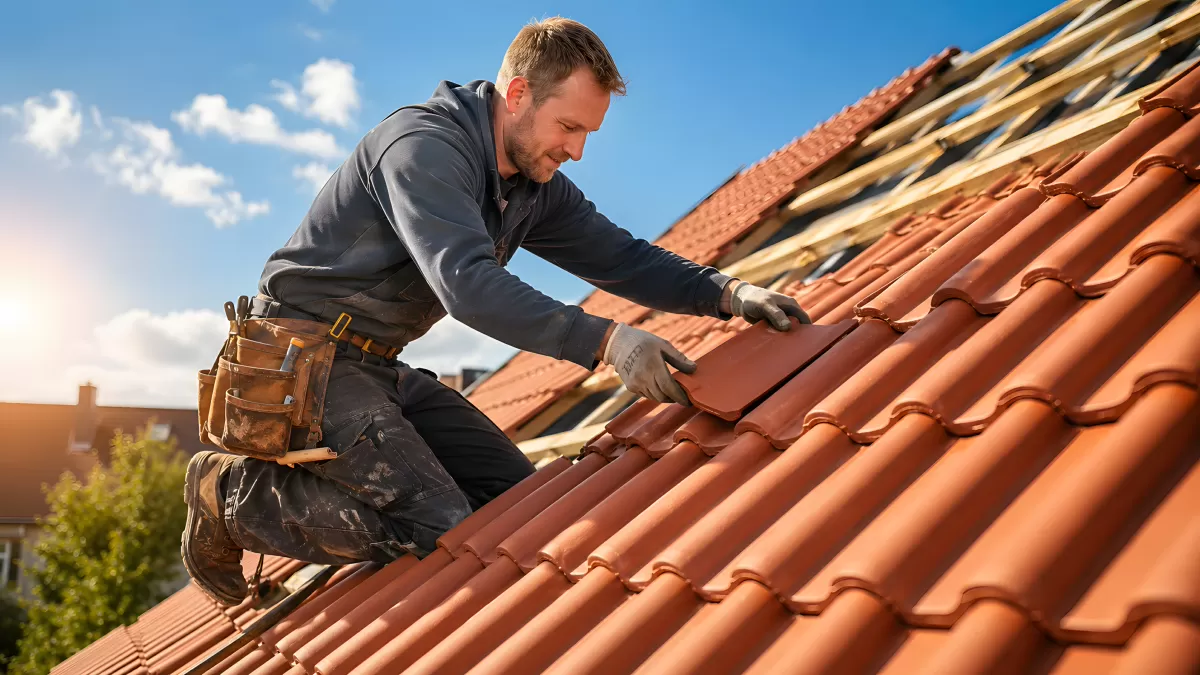 Dachdecker verlegt Dachziegel bei sonnigem Wetter