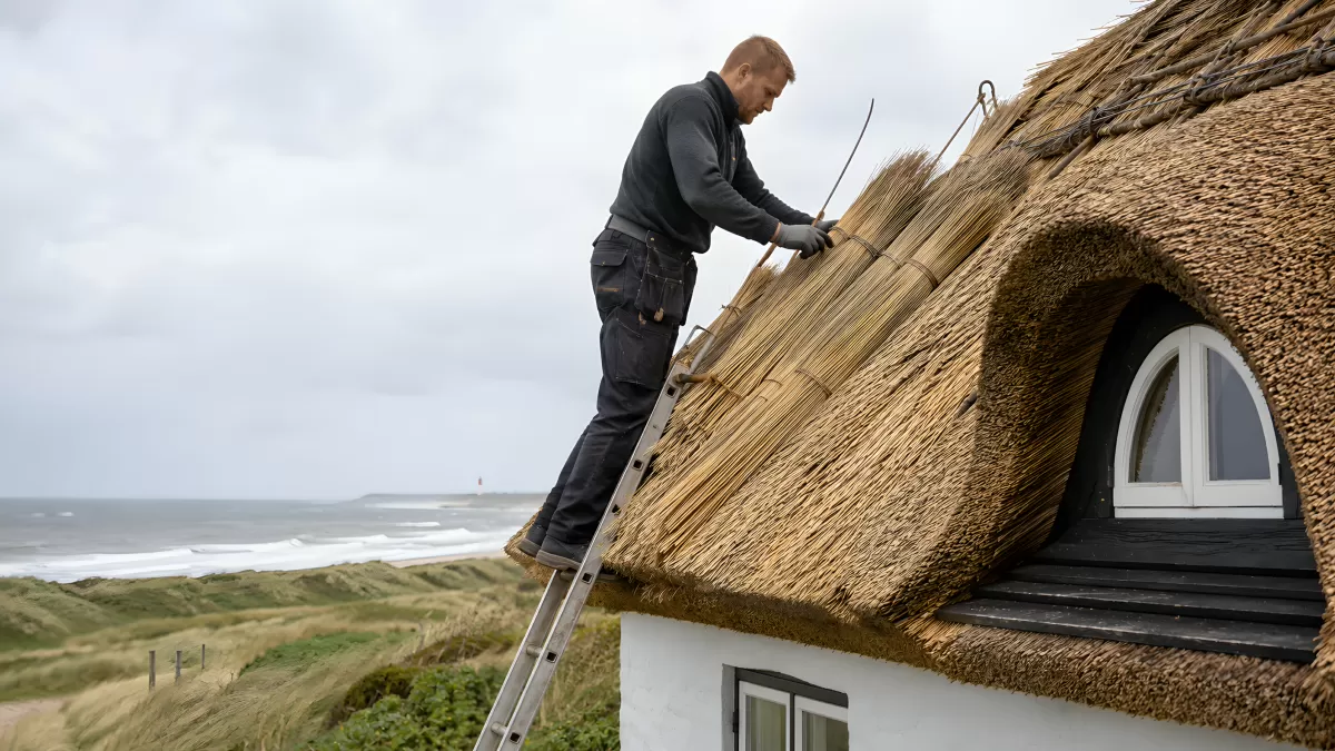 Dachdecker verlegt Reet auf einem Küstenhaus