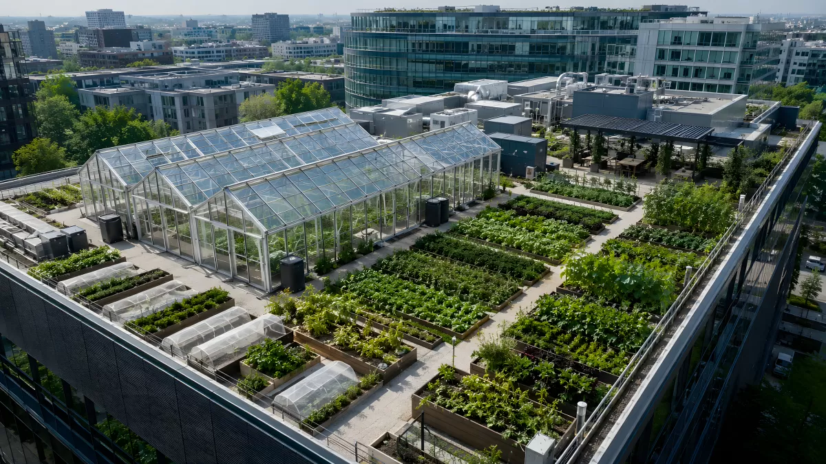 Dachfarm mit Gewächshaus auf modernem Stadtgebäude