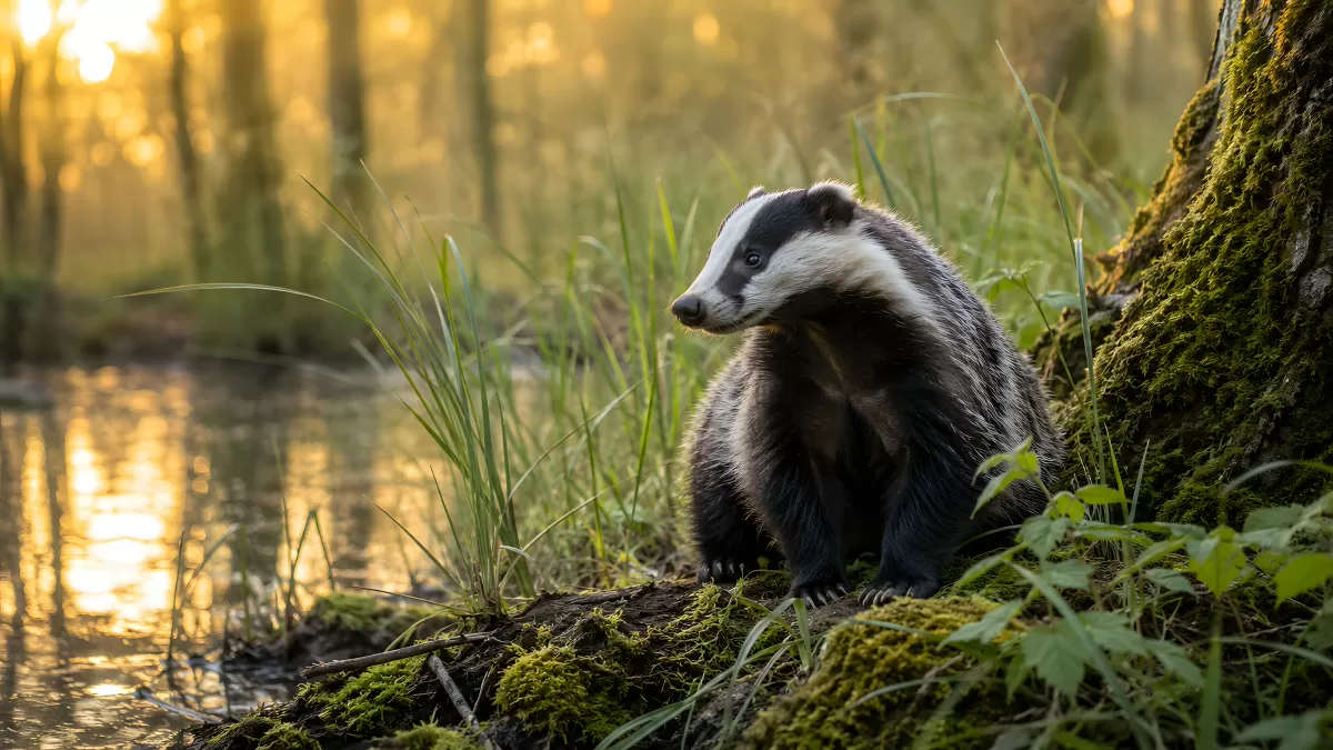 Dachs sitzt am Waldteich im goldenen Abendlicht