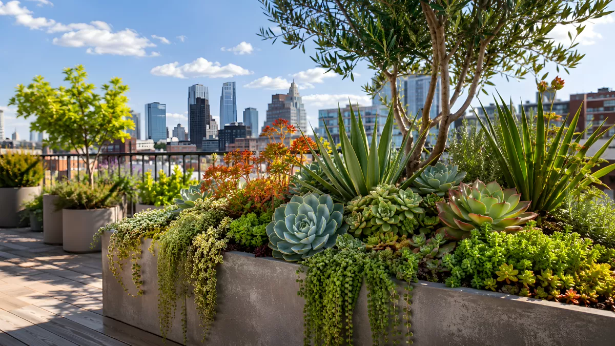 Dachterrasse mit Sukkulenten und Stadtpanorama — Bild kostenlos herunterladen