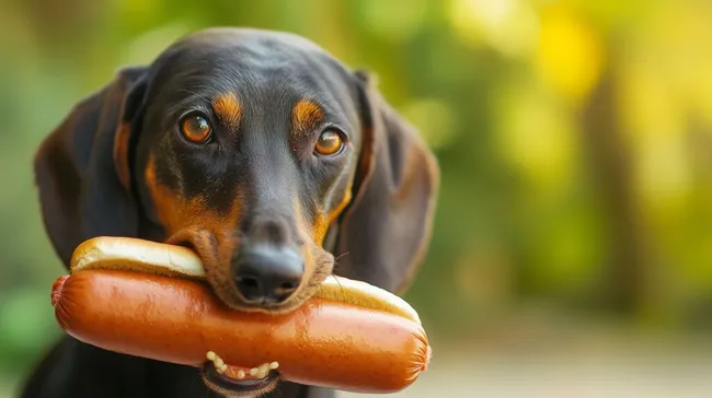 Dackel mit Hotdog - Lustiges Hundefoto für Tierliebhaber
