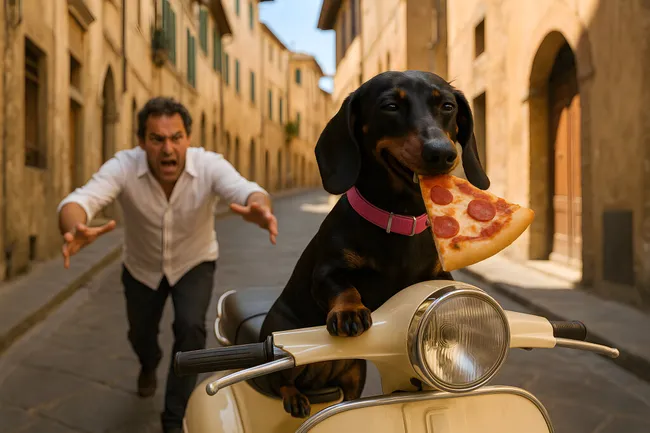 Dackelhund auf Vespa mit Pizzastück in italienischer Altstadt