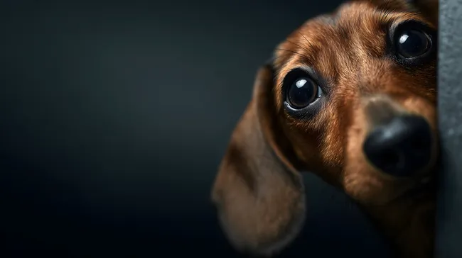Dackelhund mit überraschtem Blick vor dunklem Hintergrund