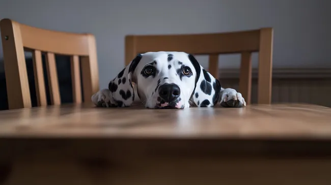 Dalmatiner mit großen Augen auf Holztisch