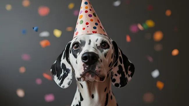 Dalmatiner mit Partyhut feiert fröhlichen Geburtstag